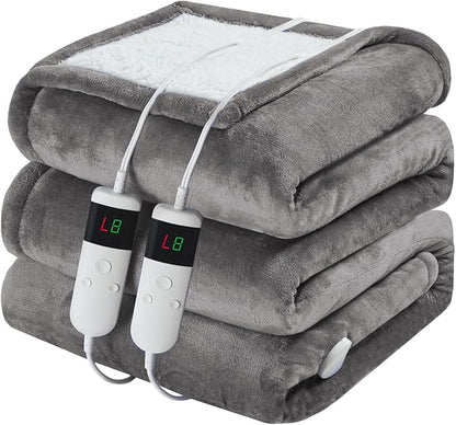 Electric Heated Blanket King Size 90''x100'' Soft Flannel & Sherpa Electric Blanket with 10 Heating Levels, Automatically Shut Down After 8h with Overheat Protection Machine Washable