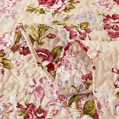 Cmfshape Summer Floral Queen Quilted Bedspread,Romantic Red Quilt Set,Reversible Stitched Bedding Cover All Season,Soft Lightweight Coverlet with Pillow Cases (Red Rose, Queen(90"x90"))