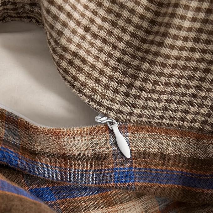 EAVD Vintage Style Brown&Blue Buffalo Plaid Duvet Cover King Soft 100% Cotton Muslin Blue Brown Grid Plaid Bedding Set with 2 Pillowcases Farmhouse Gingham Duvet Cover with Zipper Closure