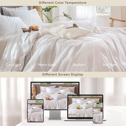 MooMee Striped Duvet Cover Set 100% Washed Cotton Linen Like Textured Breathable Durable Soft Comfy (White Heathered Greyish Pink Wide Stripes, Cal King 104"x98")