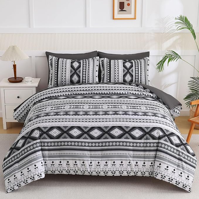 Dinjoy Dark Grey Boho Comforter Set Queen Size,7 Pieces Bed in a Bag Queen Warm Black Bedding Sets with Sheets Aztec Comforters Mens Striped Complete Set for Fall Winter 90"x90"
