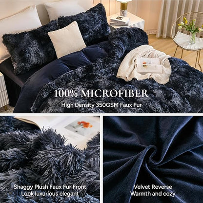 Andency Faux Fur Tie-Dyed Black Blue Comforter King Size, 3 Pieces Fluffy Fuzzy Plush Bedding Comforter Set (1 Shaggy Velvet Comforter & 2 Pillowcases), Soft Puffy Comfy Down Comforter Bedding Set