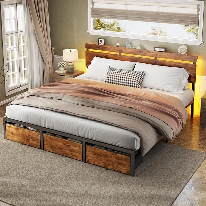 Forestell King Size Bed Frame with Wood Headboard,3 Storage Drawers & Shelf | Built-in Charging Station & LED Lights, Metal Support, No Box Spring Needed, noise-free, easy assembly, Smart RGB, USB+Type-C