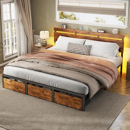 Forestell King Size Bed Frame with Wood Headboard,3 Storage Drawers & Shelf | Built-in Charging Station & LED Lights, Metal Support, No Box Spring Needed, noise-free, easy assembly, Smart RGB, USB+Type-C