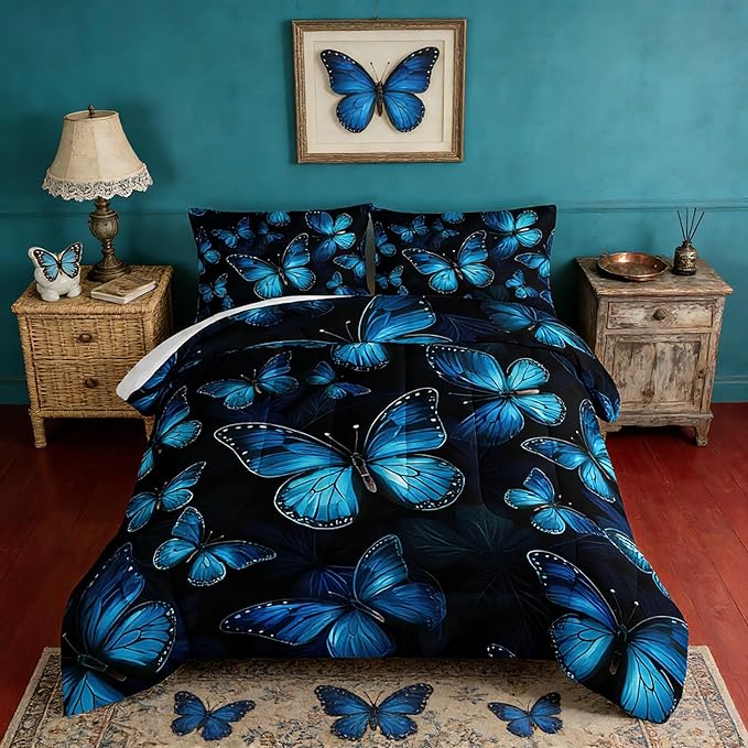 Dream Blue Butterfly Comforter Set Queen Size,Boho Bedding Comforter Sets for Kids Boys Girls Bedroom Decor Aesthetic,Animal Themed Bedding Soft Fluffy Comforter Sets with 2 Pillowcases.
