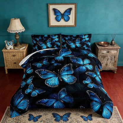 Dream Blue Butterfly Comforter Set Queen Size,Boho Bedding Comforter Sets for Kids Boys Girls Bedroom Decor Aesthetic,Animal Themed Bedding Soft Fluffy Comforter Sets with 2 Pillowcases.