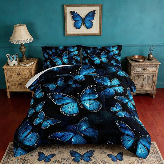 Dream Blue Butterfly Comforter Set Queen Size,Boho Bedding Comforter Sets for Kids Boys Girls Bedroom Decor Aesthetic,Animal Themed Bedding Soft Fluffy Comforter Sets with 2 Pillowcases.