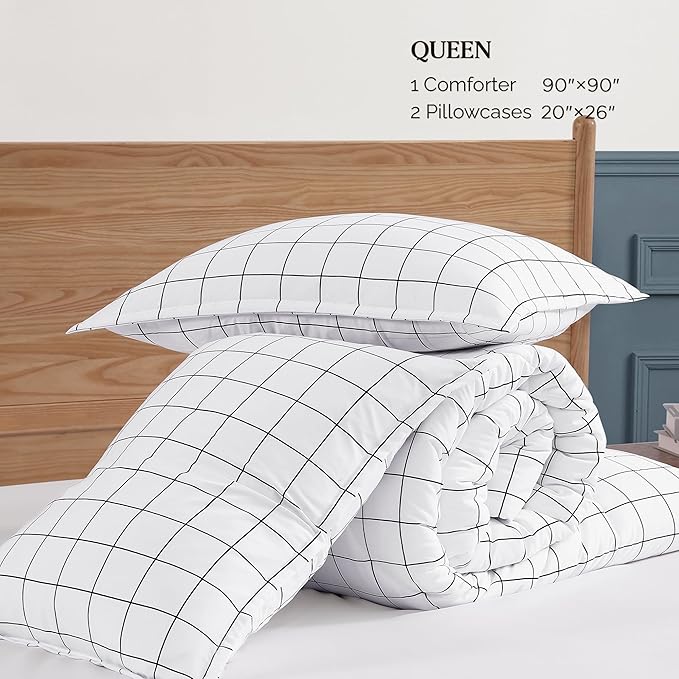 Andency White Grid Comforter Set Queen Size (90x90 Inch), 3 Pieces(1 Grid Comforter and 2 Pillowcases), Summer Lightweight Microfiber Down Alternative White Comforter with Black Lines