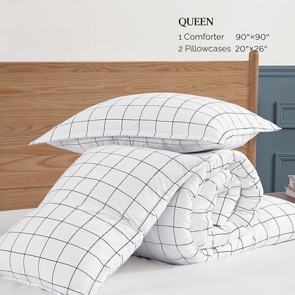 Andency White Grid Comforter Set Queen Size (90x90 Inch), 3 Pieces(1 Grid Comforter and 2 Pillowcases), Summer Lightweight Microfiber Down Alternative White Comforter with Black Lines