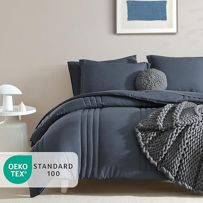 Monbix Full Size Comforter Set - 7 Pieces Blue Grey Bed in a Bag Full Size Bedding Sets with Comforters, All Seasons Comforter with Sheets, Pillowcases & Shams