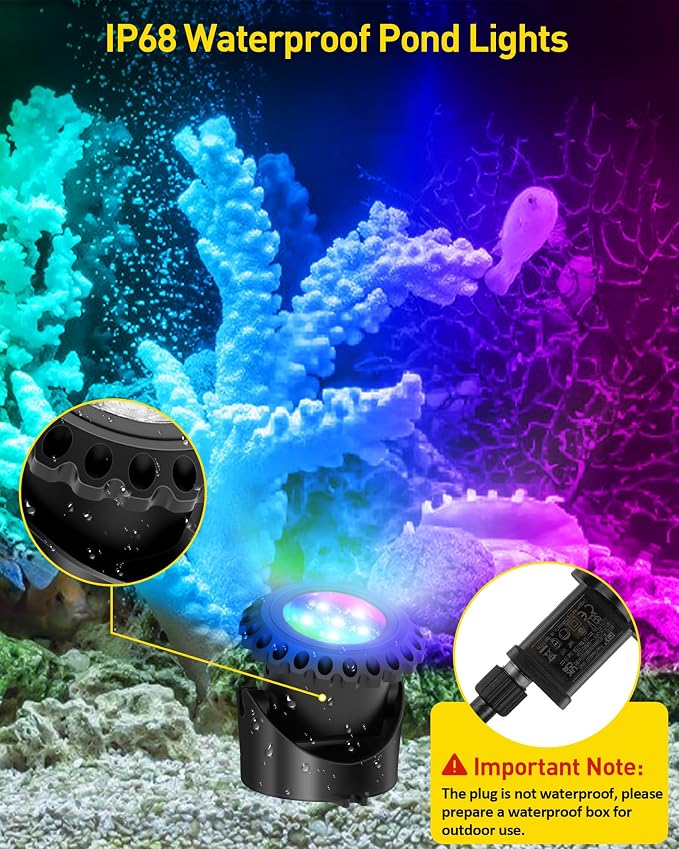 T-SUN Colored Underwater Pond Lights with APP & Remote Control 4 Pack | IP68 Waterproof Submersible Fountain Lights, Dimmable Timer Pond Lights Led Underwater for Outdoor Pond Fish Aquarium Garden
