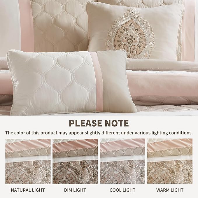 510 DESIGN Luxe Quilted Comforter Set Modern Transitional Design, All Season Down Alternative Warm Bedding Matching Shams, Bedskirt, Decorative Pillow, King, Shawnee Scrollwork Blush