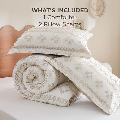 Bedsure Tufted Boho Comforter Set Queen Size - Beige Boho Bed Set, GentleSoft™ 3 Pieces Farmhouse Shabby Chic, Home Decor Bedding, Gifts for Woman, Soft Jacquard Queen Comforter for All Seasons