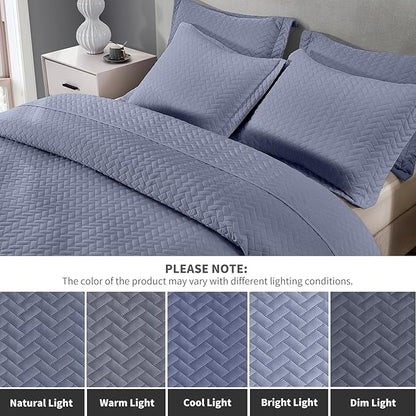 Maple&Stone Quilt Set Queen Size, Mineral Blue Lightweight Bedspread Ultrasonic Chevron Pattern Light Coverlet for All Season Comforter Bedding Decor - 3 Piece Queen Bed Cover Sets