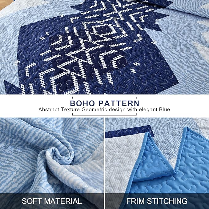 Dintszyayue Boho Quilt Set King Size,Blue Bedspread 3 Pieces Geometric Aztec Pattern Bedding Coverlet Set Bohemian Quilt Bedding Set Soft Microfiber Quilt Bed Spread for All Season(Blue,90"x103")