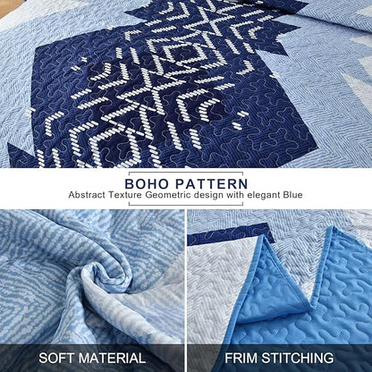 Dintszyayue Blue Quilt Set Queen Size,3 Pieces Aztec Texture Bedding Coverlet Set Boho Bedspread Geometric Pattern Quilt Bedding Set Reversiber Microfiber Quilt Bed Spread for All Season(Blue,90"x96")