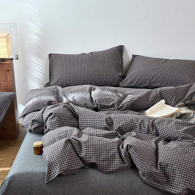 EAVD Vintage Style Dark Grey Plaid Duvet Cover Full 100% Washed Cotton Like Linen Feel Soft Red Grid Gingham Bedding Set with 2 Pillowcases Reversible Retro Dark Grey Gingham Duvet Cover with Zipper