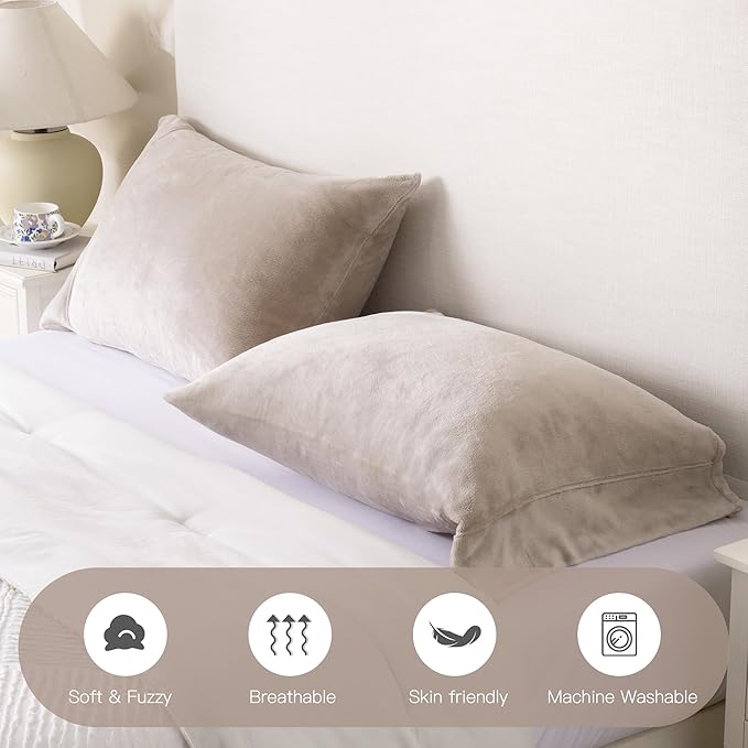 Velvet Queen Pillowcases Standard Size of 2 Pack, Ultra Soft Breathable Pillow Cases with Flap Closure for Bed, Luxury Fuzzy Warm Flannel Velvet Pillow Covers, No Insert (Queen 20x30, Taupe)