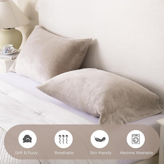 Velvet Queen Pillowcases Standard Size of 2 Pack, Ultra Soft Breathable Pillow Cases with Flap Closure for Bed, Luxury Fuzzy Warm Flannel Velvet Pillow Covers, No Insert (Queen 20x30, Taupe)