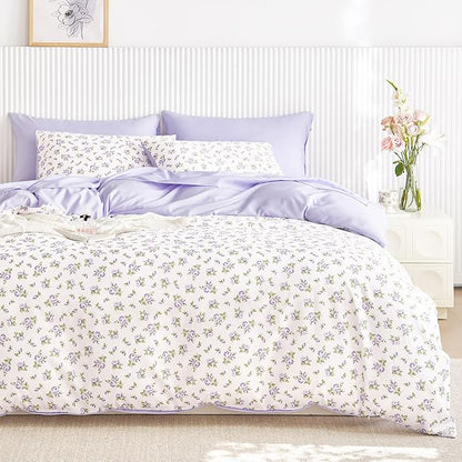 Wake In Cloud - Coquette Duvet Cover Set, Floral Cottagecore Flower Shabby Chic Cute Aesthetic, Soft Lightweight Bedding for Women Teen Girls, 3-Piece, White Purple, Queen Size