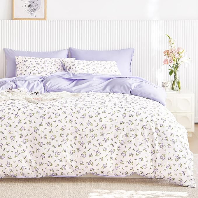 Wake In Cloud - Coquette Duvet Cover Set, Floral Cottagecore Flower Shabby Chic Cute Aesthetic, Soft Lightweight Bedding for Women Teen Girls, 3-Piece, White Purple, Full Size