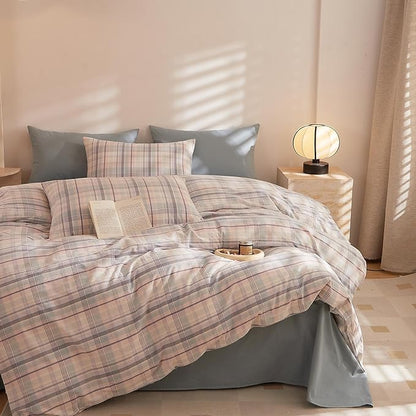 Plaid Queen Size Bed Comforter Set Fluffy Washed Cotton Bedding Set Down Alternative Boho Vintage Soft Bedding Comforter Sets All Season Cute Farmhouse Washable Bed Comforter with 2 Pillowcases