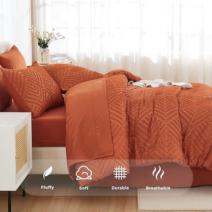 Andency California King Comforter Set Burnt Orange - 7 Piece Cal King Bed in a Bag Boho Terracotta Tufted Bedding Sets, Rust Bed Set with Comforter, Sheets, Pillowcases & Shams