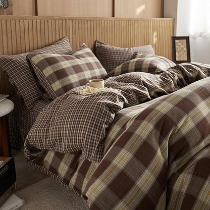EAVD Vintage Yellow&Brown Plaid Duvet Cover Full Soft 100% Muslin Cotton Retro Grid Checkered Plaid Bedding Set with 2 Pillowcases Farmhouse Reversible Gingham Duvet Cover with Zipper Closure