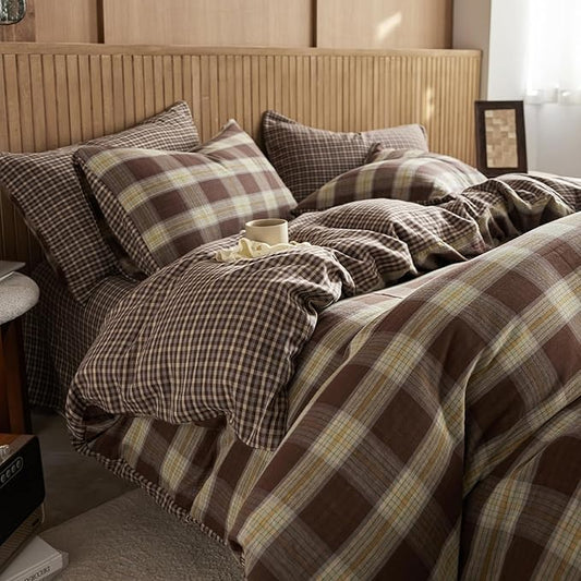 EAVD Vintage Yellow&Brown Plaid Duvet Cover Twin Soft 100% Muslin Cotton Retro Grid Checkered Plaid Bedding Set with 2 Pillowcases Farmhouse Reversible Gingham Duvet Cover with Zipper Closure