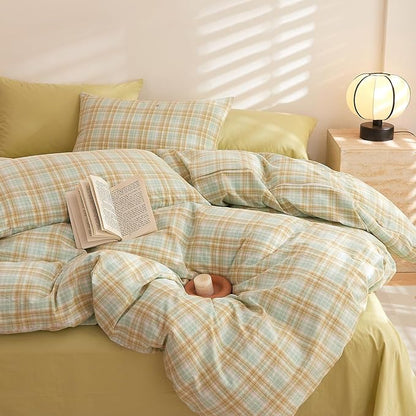 Plaid Comforter Full Down Alternative Boho Bedding Set Washed Cotton Breathable Fluffy Comfy Bedding Comforter Sets Soft Cozy Farmhouse Patterned Bed Comforter with 2 Pillowcases