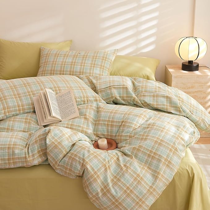 Plaid Comforter King Down Alternative Boho Bedding Set Washed Cotton Breathable Fluffy Comfy Bedding Comforter Sets Soft Cozy Farmhouse Patterned Bed Comforter with 2 Pillowcases