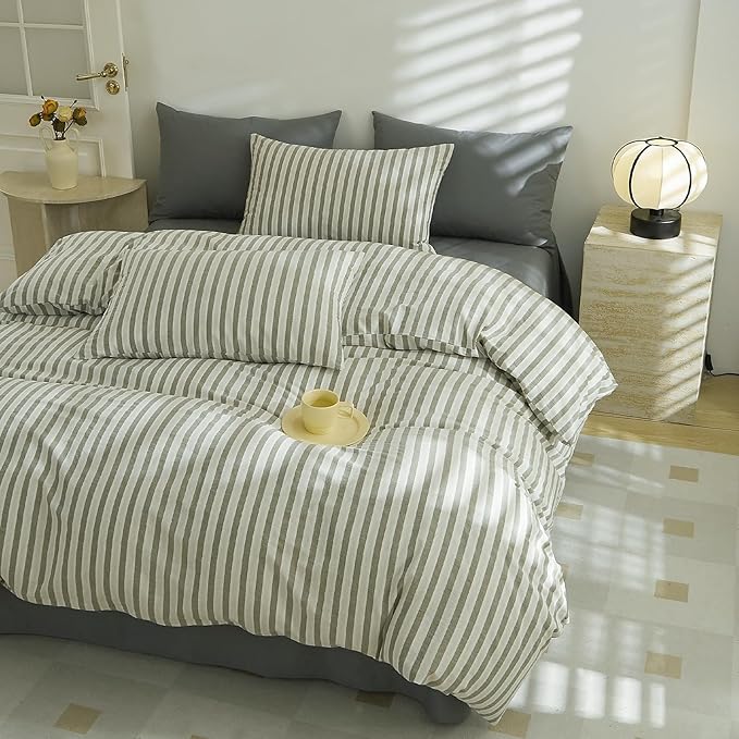 EAVD Grey Striped Duvet Cover Queen Soft Washed Cotton White Grey Striped Bedding Set with 2 Pillowcases Modern Farmhouse Geometric Duvet Cover with Zipper Closure