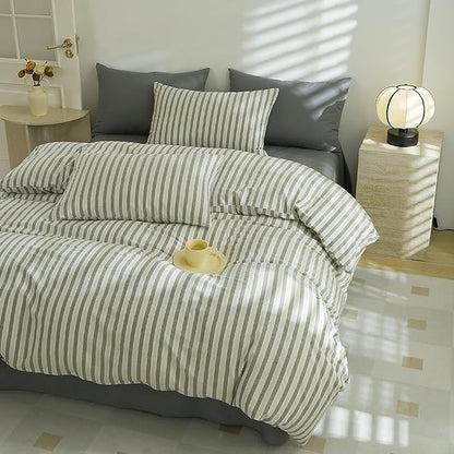 EAVD Grey Striped Duvet Cover King Soft Washed Cotton White Grey Striped Bedding Set with 2 Pillowcases Modern Farmhouse Geometric Duvet Cover with Zipper Closure