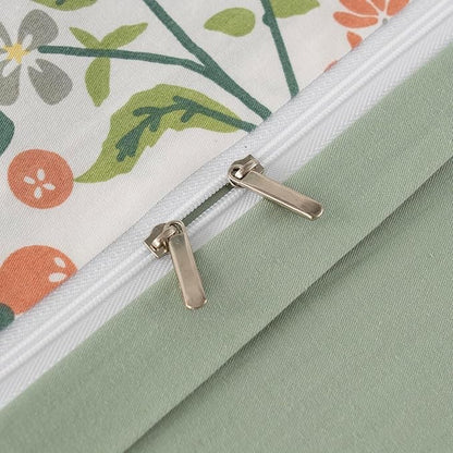 Mixinni Sage Green Floral Duvet Cover Set - Soft Cotton Cute Wildflower Green Leaves Print, Full Size, 1 Duvet Cover and 2 Pillowcases with Zipper & Ties