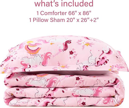 Twin Unicorn Comforters for Girls, 2 Pieces Kids Unicorn Bedding Kids Comforter Sets, Super Soft Lightweight for All Season, Includes 1 Comforter (66"x86") and 1 Pillowcase (20"x26"+2")