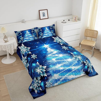 Feelyou Blue Christmas Comforter Set Queen Size Christmas Tree Bedding Set Glitter Snowflake Comforter Microfiber Kids Adults Holiday Winter Duvet Quilt Xmas Room Decor