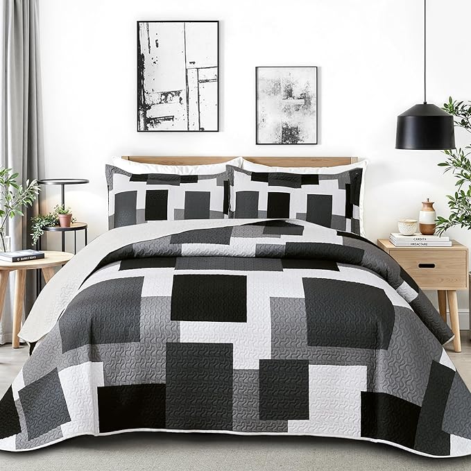 3 Piece Black Grey Quilt Set King Size Black White Gray Geometric Reversible Bedding Set Microfiber Lightweight Bedspread Coverlet with 2 Shams Modern Bed Covers for All Season, 106''x96''