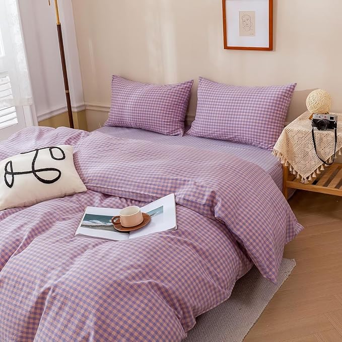 EAVD Vintage Purple Gingham Duvet Cover King Soft 100% Washed Cotton Modern Purple Pink Grid Plaid Duvet Cover with 2 Pillowcases Reversible Geometric Pattern Bedding Set with Zipper Closure