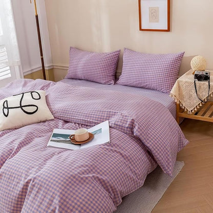 EAVD Vintage Purple Gingham Duvet Cover King Soft 100% Washed Cotton Modern Purple Pink Grid Plaid Duvet Cover with 2 Pillowcases Reversible Geometric Pattern Bedding Set with Zipper Closure
