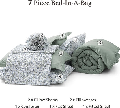 Monbix Queen Comforter Set - 7 Pieces Sage Green Prewashed Bed in a Bag Queen Bedding Sets with Comforters, All Seasons Ultra Soft Comforter Bed Set with Sheets,Pillowcases & Shams