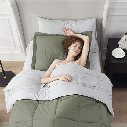 Nestl 5 Piece Twin XL Comforter Set – Light Sage Reversible Bed in a Bag – Complete Twin XL Size Bedding Set with Sheets, Pillowcase and Sham