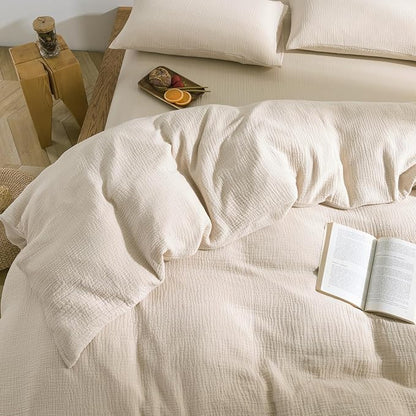VM VOUGEMARKET Beige Duvet Cover Queen Size - 3 Pieces Muslin Cotton 3-Layer Guaze Textured Bedding Set,Includes 1 Duvet Cover 90x90 Inches with Zipper Closure & 2 Pillowcases
