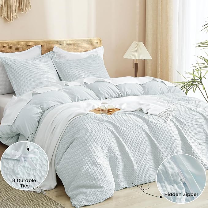 PHF Waffle Weave Duvet Cover Set King Size, 3 Piece Ultra Soft Breathable Durable Comforter Cover for All Season, Waffle Textured Duvet Set with 2 Pillow Shams Bedding Collection, 104"x90",Ice Blue