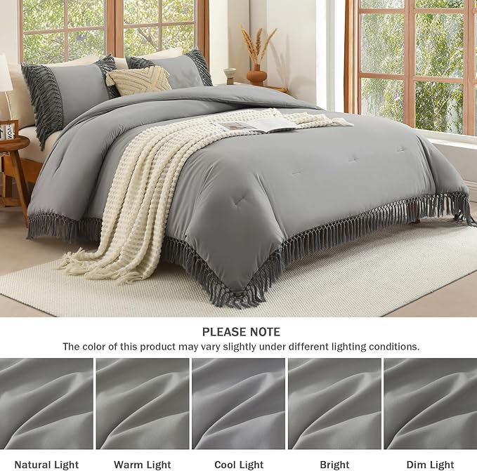 Andency Queen Comforter Set Medium Grey, 3 Pieces Boho Lightweight Fall Bedding Comforter Sets, Tassel Bed Set (90x90In Comforter & 2 Pillowcases)