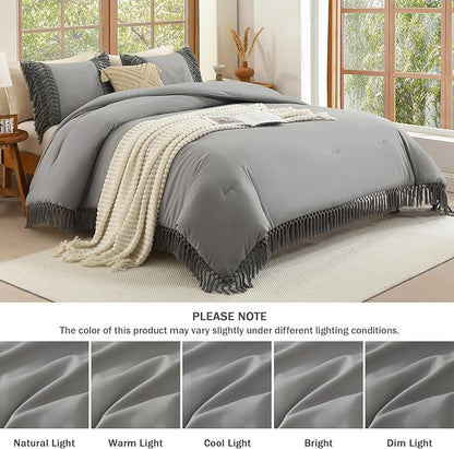 Andency Queen Comforter Set Medium Grey, 3 Pieces Boho Lightweight Fall Bedding Comforter Sets, Tassel Bed Set (90x90In Comforter & 2 Pillowcases)
