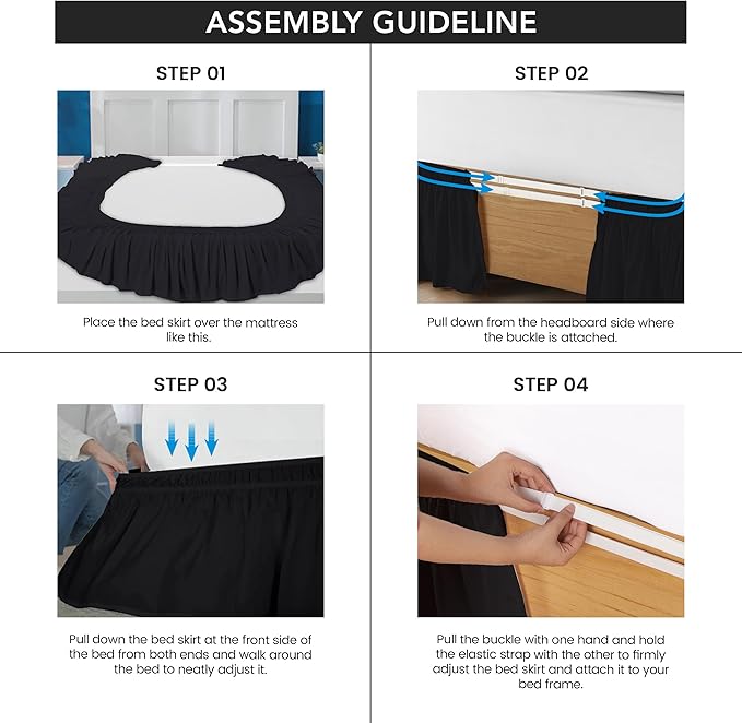 Wrap Around Ruffle Full Size Bed Skirt – Adjustable Buckle & Elastic Belt for Easy Installation, 16 Inch Drop – Brushed Microfiber - Machine Washable, Fade and Wrinkle Resistant, Black