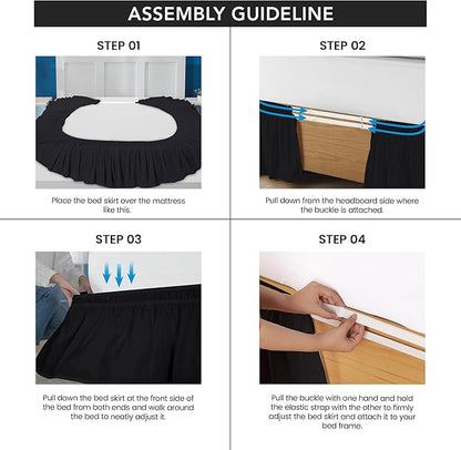 Wrap Around Ruffle Full Size Bed Skirt – Adjustable Buckle & Elastic Belt for Easy Installation, 16 Inch Drop – Brushed Microfiber - Machine Washable, Fade and Wrinkle Resistant, Black