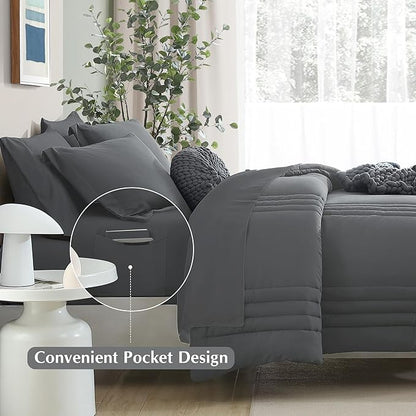 Monbix King Size Comforter Set - 7 Pieces Bed in a Bag King, Grey Bedding Sets with Comforter, All Seasons Comforter Bed Set with Sheets, Pillowcases & Shams