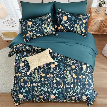 Yiran Blue Twin Comforter Set with Sheets, 6 Piece Floral Bed in a Bag with Botanical Flowers Patterns, Botanical Bedding Set, Soft Microfiber Complete Bedding Set with Sheets for All Season
