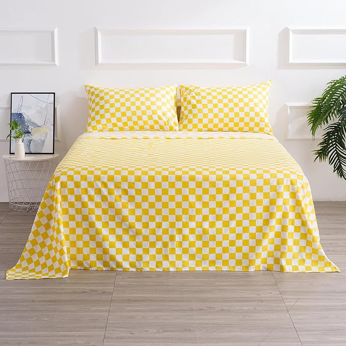 Best Season Queen Size Sheet Set 4 Piece -Microfiber Soft Durable Bedding Sheet Set,Deep Pocket,Stain,Fade & Wrinkle Resistant (Plaid Yellow&White)